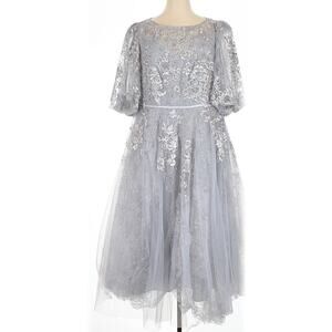 MAC DUGGAL Dress NEW Plus 20 Silver Gray Beaded Tulle Midi Tea Puff Sleeve Event